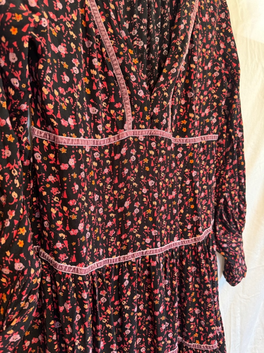 Free People Floral Boho Midi Dress Womens 10 Velvet Trim Tiered Long Sleeve - Picture 4 of 7